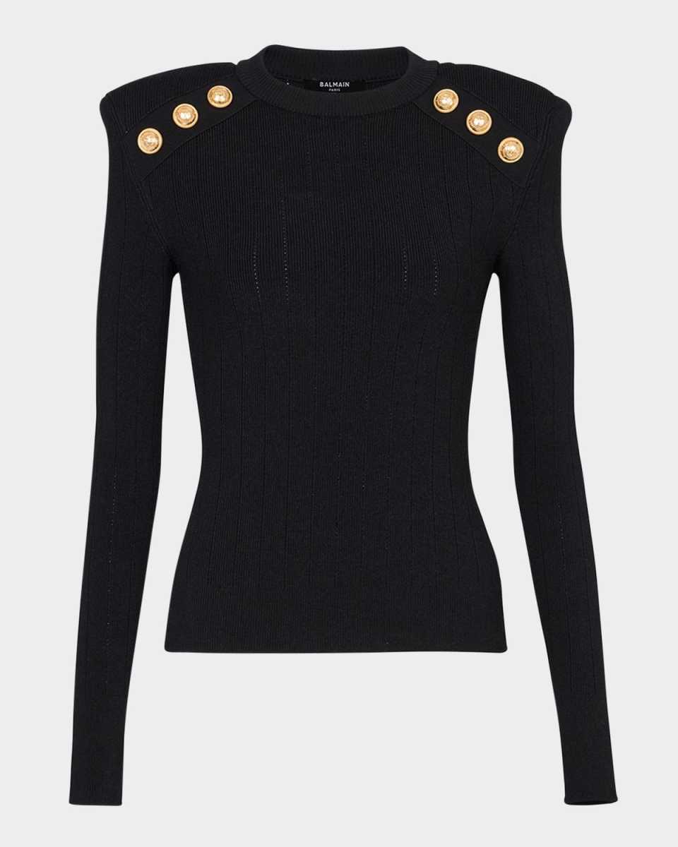 Button Strong-Shoulder Pointelle Rib Knit Sweater